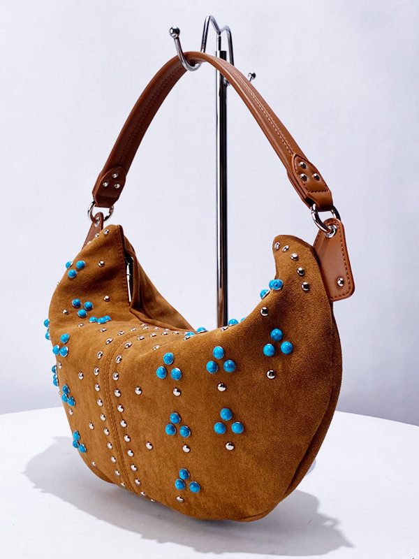 Fine Khaki Rivet Patchwork Fine Suede Saddle Bag