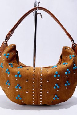 Fine Khaki Rivet Patchwork Fine Suede Saddle Bag