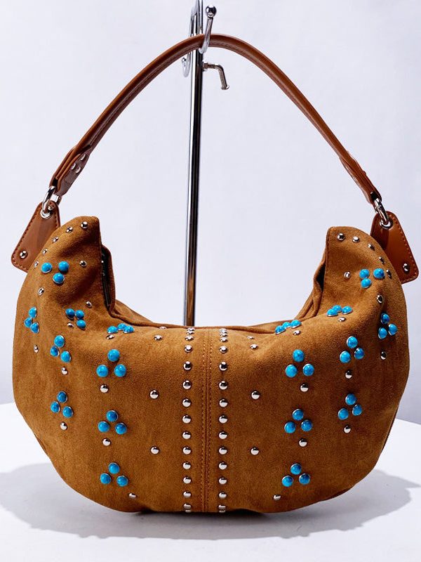 Fine Khaki Rivet Patchwork Fine Suede Saddle Bag