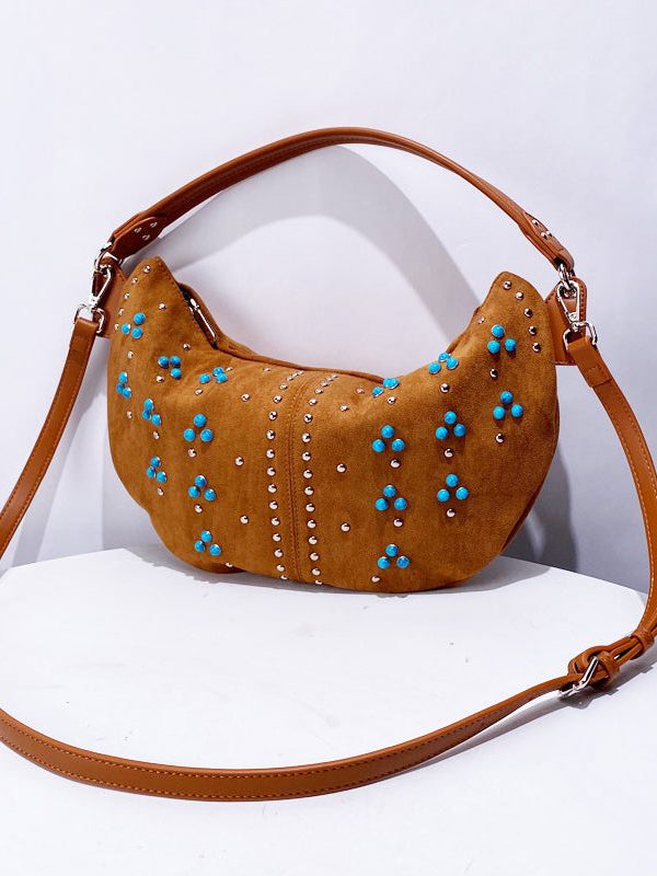 Fine Khaki Rivet Patchwork Fine Suede Saddle Bag