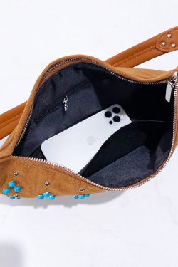 Fine Khaki Rivet Patchwork Fine Suede Saddle Bag