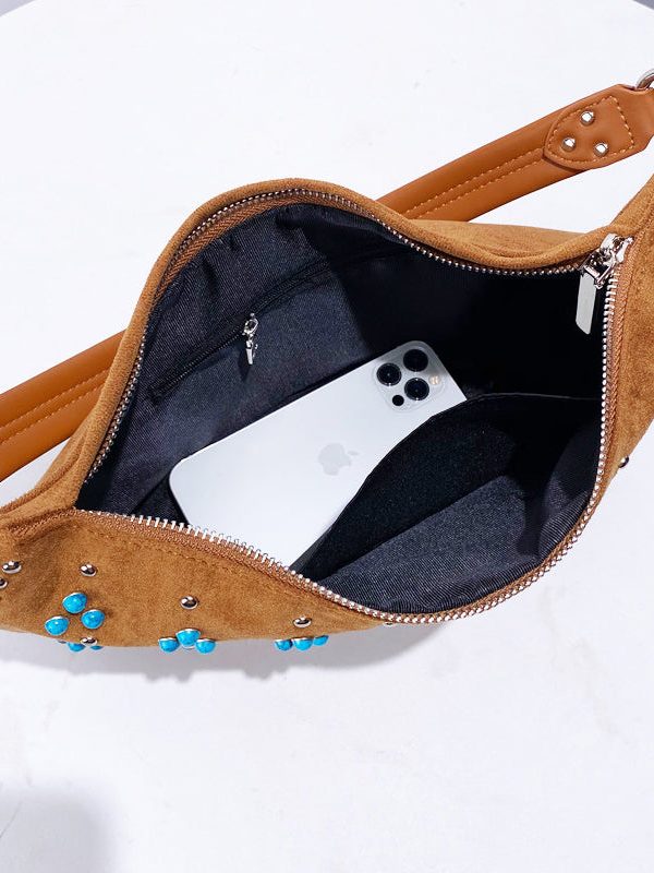 Fine Khaki Rivet Patchwork Fine Suede Saddle Bag