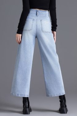 Fine Light Blue High Waist Denim Straight Crop Pants Spring