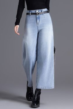 Fine Light Blue High Waist Denim Straight Crop Pants Spring