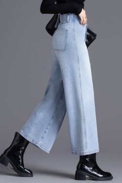 Fine Light Blue High Waist Denim Straight Crop Pants Spring
