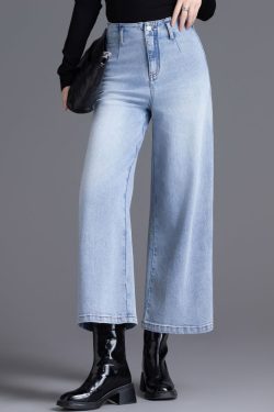 Fine Light Blue High Waist Denim Straight Crop Pants Spring