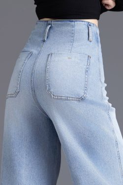 Fine Light Blue High Waist Denim Straight Crop Pants Spring