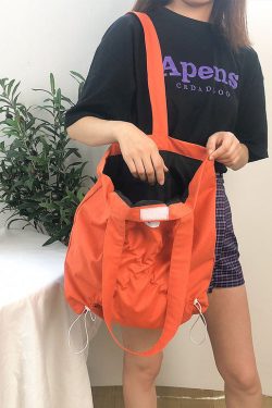 Fine Orange drawstring wrinkled Cotton Satchel Handbag