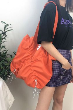 Fine Orange drawstring wrinkled Cotton Satchel Handbag