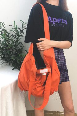 Fine Orange drawstring wrinkled Cotton Satchel Handbag