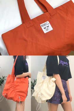 Fine Orange drawstring wrinkled Cotton Satchel Handbag