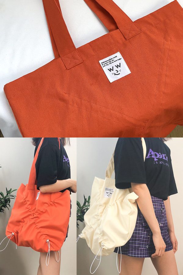 Fine Orange drawstring wrinkled Cotton Satchel Handbag