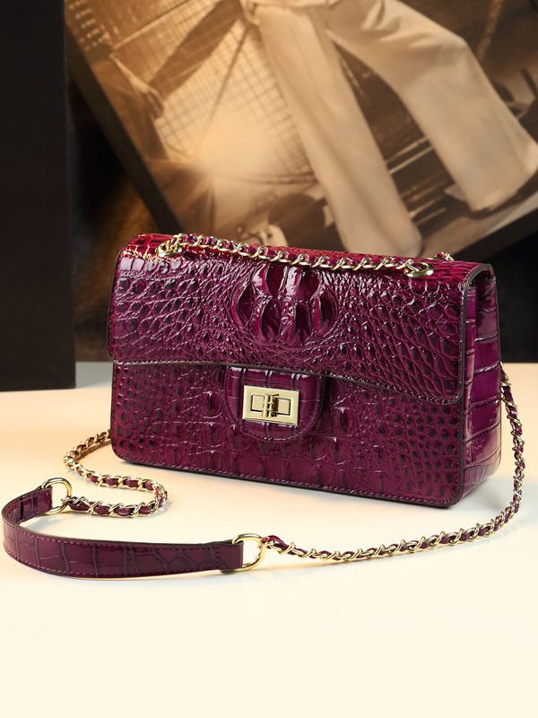 Fine Purple Alligator Pattern Durable Faux Leather Satchel Handbag