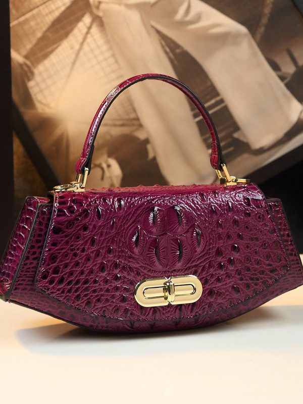 Fine Purple Embossed Durable Calf Leather Tote Handbag
