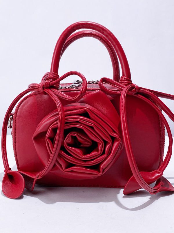 Fine Red 3D Flower Solid Durable Faux Leather Tote Handbag