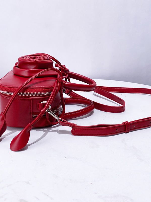 Fine Red 3D Flower Solid Durable Faux Leather Tote Handbag