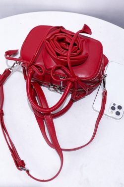 Fine Red 3D Flower Solid Durable Faux Leather Tote Handbag