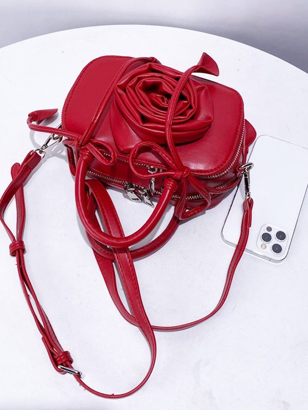 Fine Red 3D Flower Solid Durable Faux Leather Tote Handbag