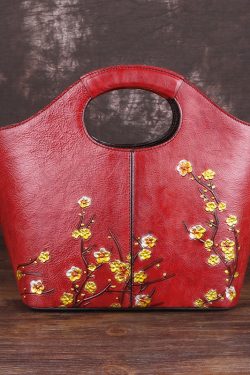 Fine Red Floral Paitings Calf Leather Tote Handbag
