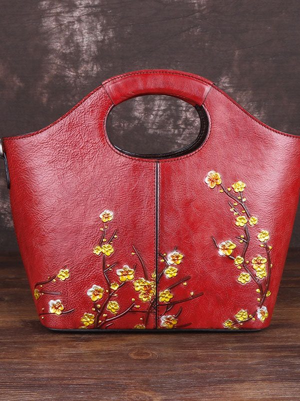 Fine Red Floral Paitings Calf Leather Tote Handbag