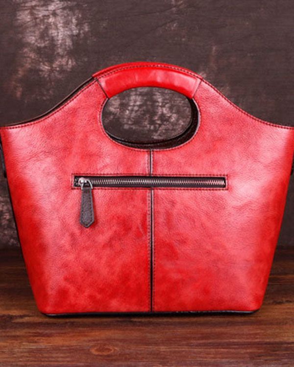 Fine Red Floral Paitings Calf Leather Tote Handbag