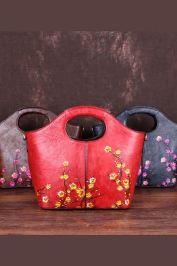 Fine Red Floral Paitings Calf Leather Tote Handbag