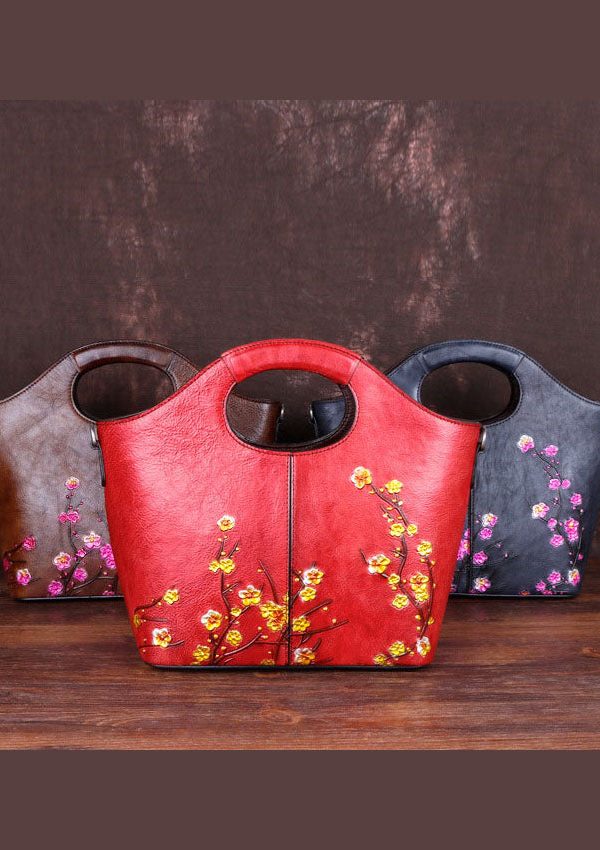 Fine Red Floral Paitings Calf Leather Tote Handbag