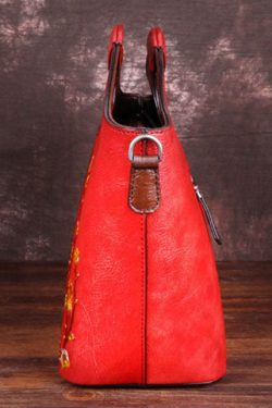 Fine Red Floral Paitings Calf Leather Tote Handbag