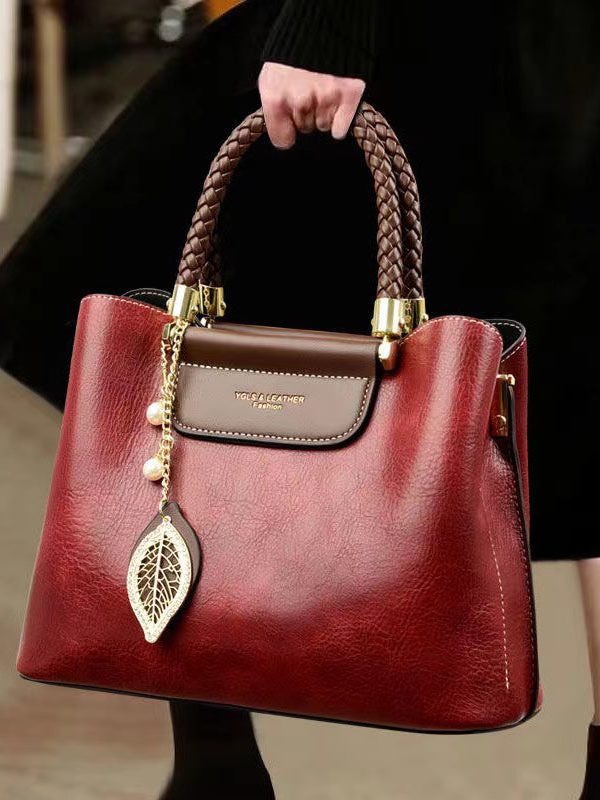 Fine Red Versatile Durable Leather Tote Handbag