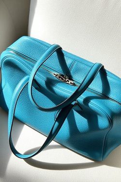 Fine Sea Blue Zippered Large Capacity Leather Tote Handbag