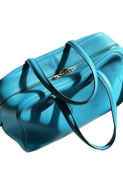 Fine Sea Blue Zippered Large Capacity Leather Tote Handbag