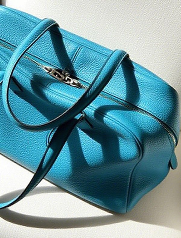 Fine Sea Blue Zippered Large Capacity Leather Tote Handbag