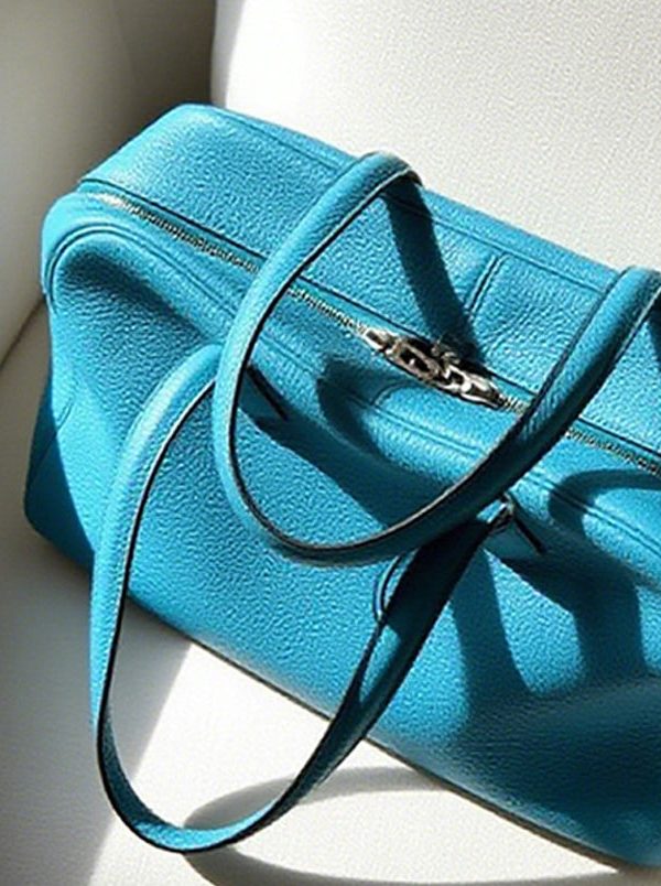 Fine Sea Blue Zippered Large Capacity Leather Tote Handbag