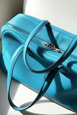 Fine Sea Blue Zippered Large Capacity Leather Tote Handbag