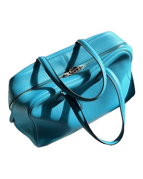 Fine Sea Blue Zippered Large Capacity Leather Tote Handbag