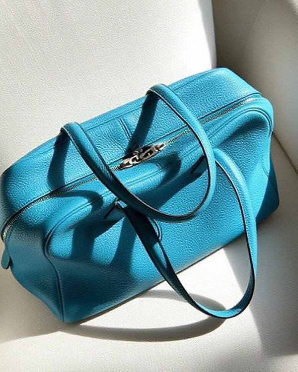 Fine Sea Blue Zippered Large Capacity Leather Tote Handbag