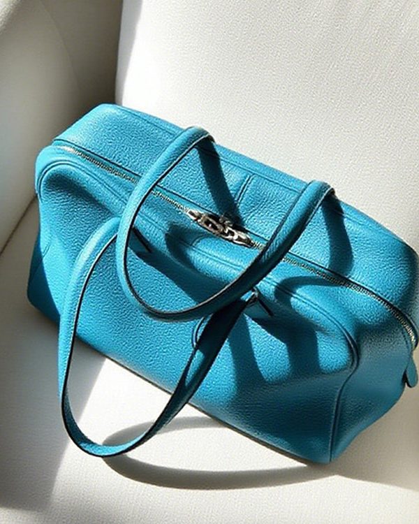 Fine Sea Blue Zippered Large Capacity Leather Tote Handbag