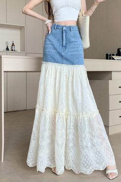 Fitted Blue Embroidered Patchwork Denim Skirts Fall