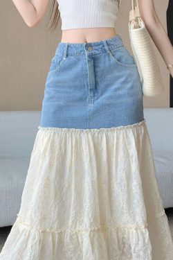 Fitted Blue Embroidered Patchwork Denim Skirts Fall