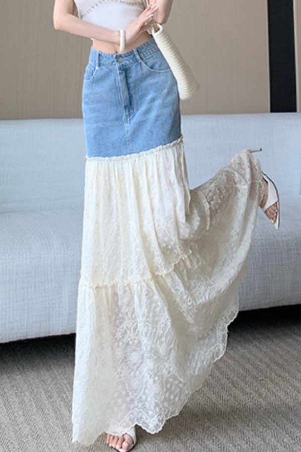 Fitted Blue Embroidered Patchwork Denim Skirts Fall