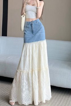 Fitted Blue Embroidered Patchwork Denim Skirts Fall