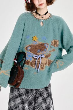 Fitted Blue Oversized Cute Bear Knit Sweater Tops Winter