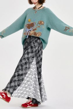 Fitted Blue Oversized Cute Bear Knit Sweater Tops Winter