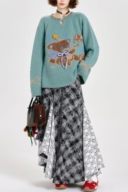 Fitted Blue Oversized Cute Bear Knit Sweater Tops Winter