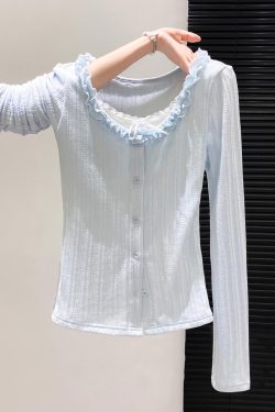 Fitted Sky Blue Ruffled Patchwork Cotton Tops Fall