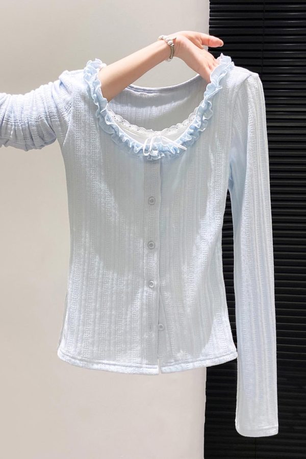 Fitted Sky Blue Ruffled Patchwork Cotton Tops Fall