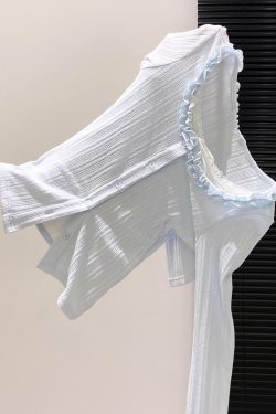 Fitted Sky Blue Ruffled Patchwork Cotton Tops Fall