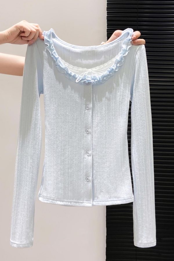 Fitted Sky Blue Ruffled Patchwork Cotton Tops Fall