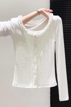 Fitted Sky Blue Ruffled Patchwork Cotton Tops Fall