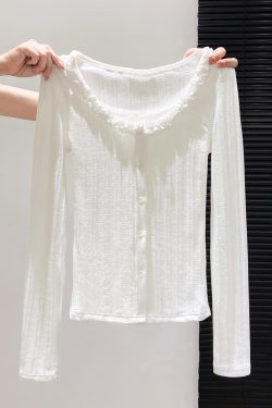 Fitted Sky Blue Ruffled Patchwork Cotton Tops Fall